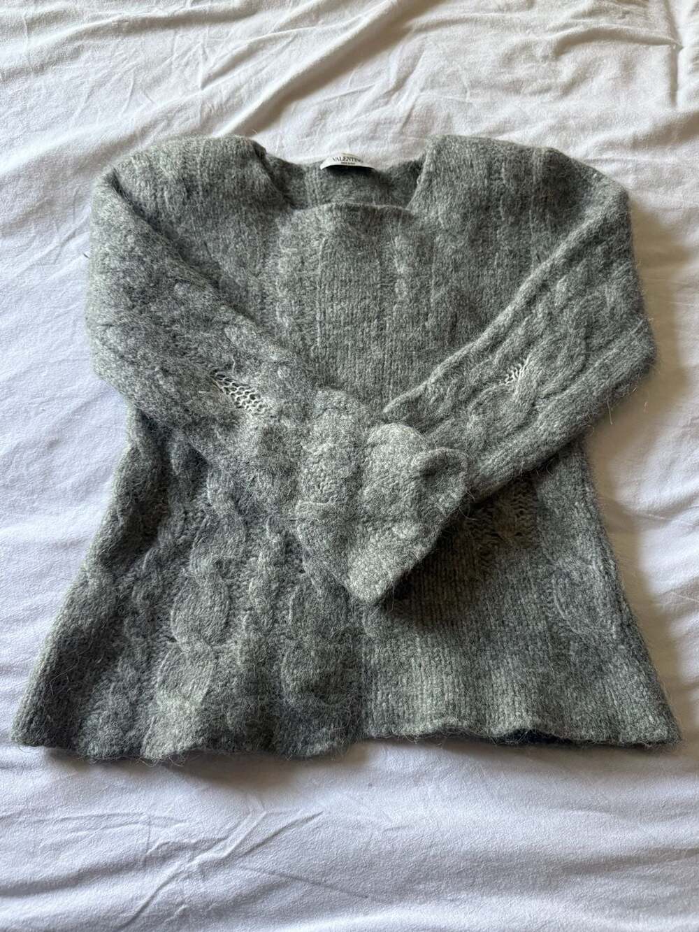 Valentino Grey Cable-Knit Alpaca Blend Sweater Openwork Distressed Jumper